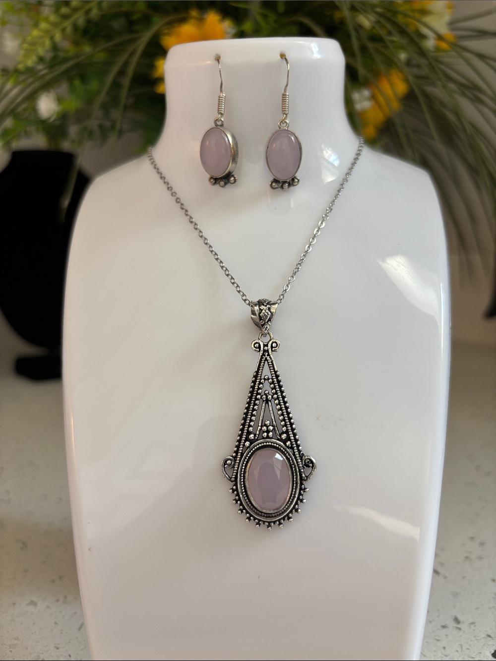 Rose Chalcedony Gemstone Handmade Pendant Necklace & Earrings Set